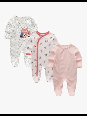 Ecojoy 3-Pack Baby Pink and White One-Piece Footed Sleepsuits (6M)